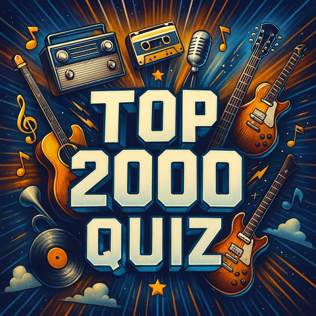 Illustratie van de Top 2000 Quiz van BedrijfsuitjeQuiz.nl met gitaren, microfoon, vinylplaat en radio in een kleurrijk retro-ontwerp – perfecte weergave van een muzikaal teamuitje vol herkenning, plezier en teambuilding.